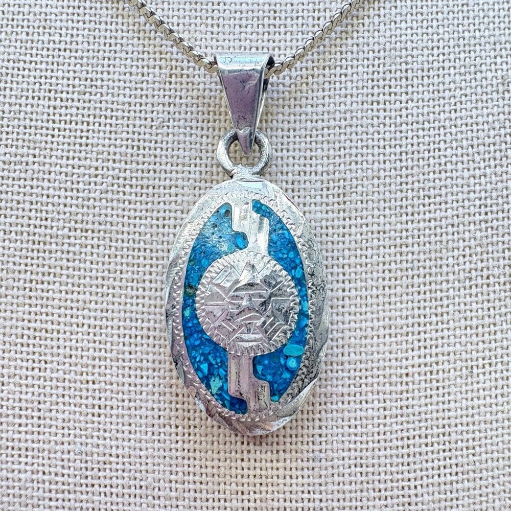Turquoise Abalone Reversible Pendant Necklace VTG 925 Sterling Silver 23" Length